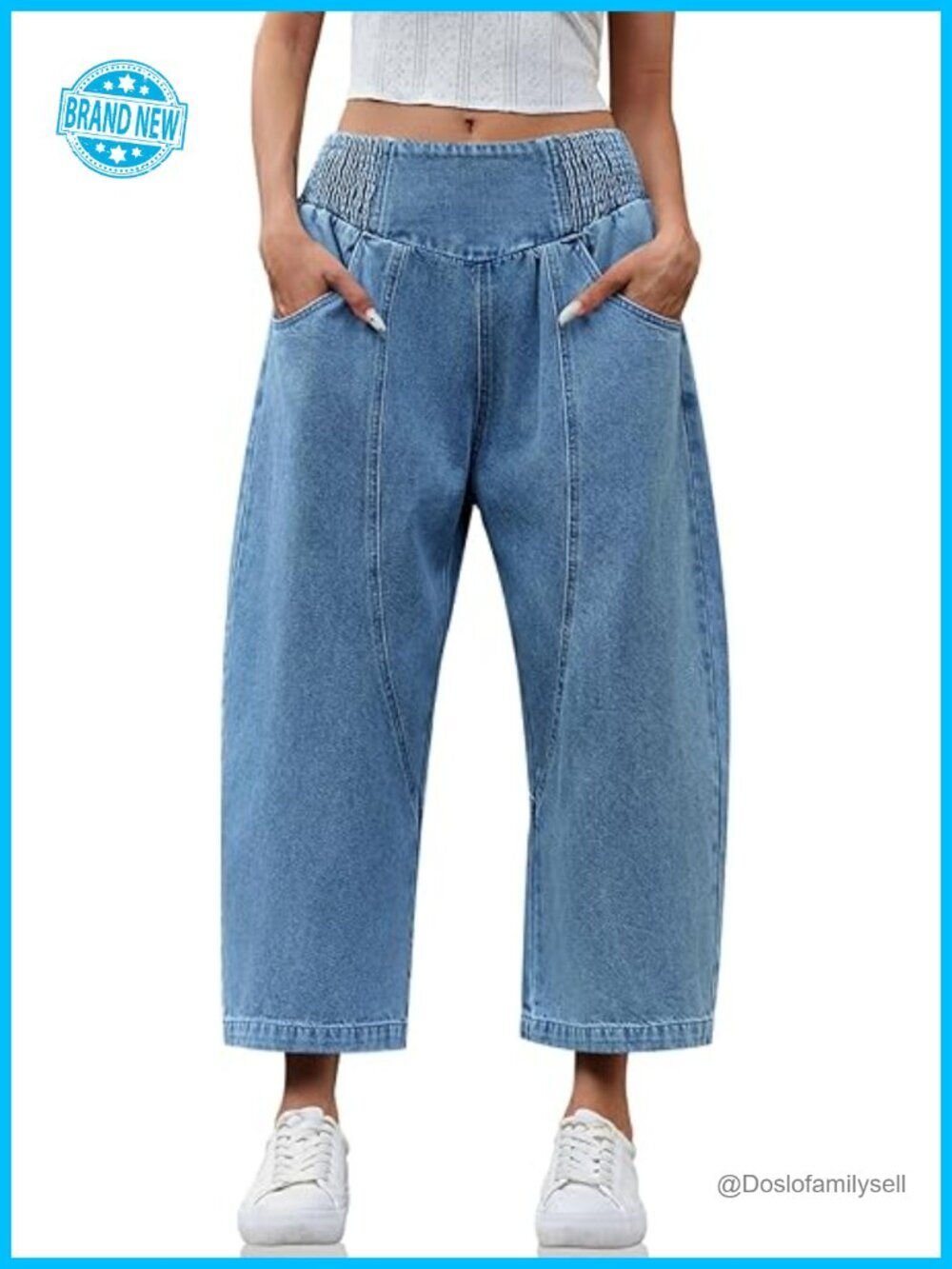 Wide Leg Cropped Harem Jeans with Smocked Waist and Pockets